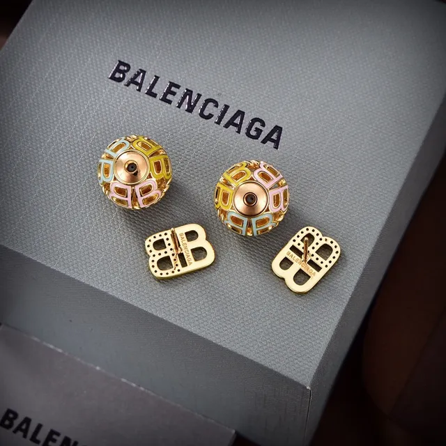 Balenciaga BB Silver Gold Cubic Openwork Monogram Motif Earrings 6