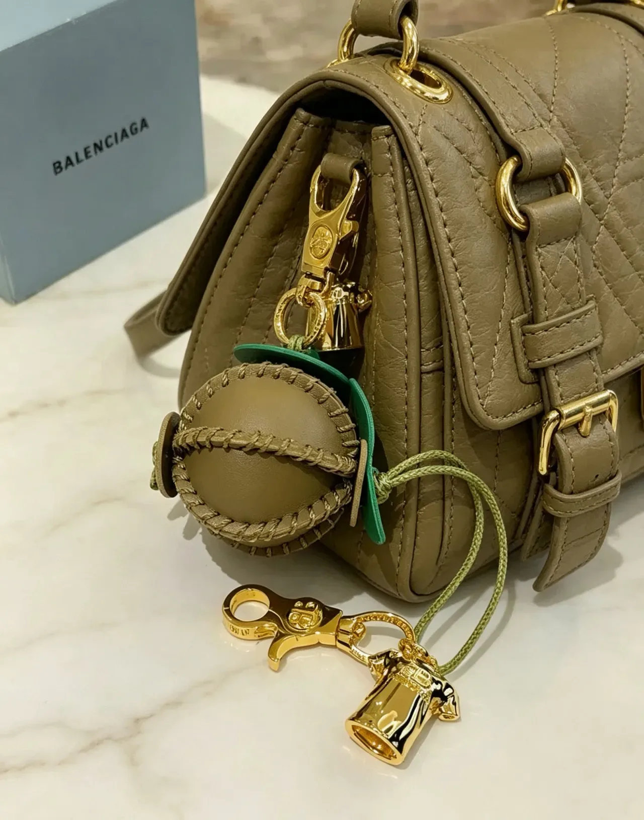 Balenciaga Beige Green Spherical Leather Rope-Woven Band Handbag 2
