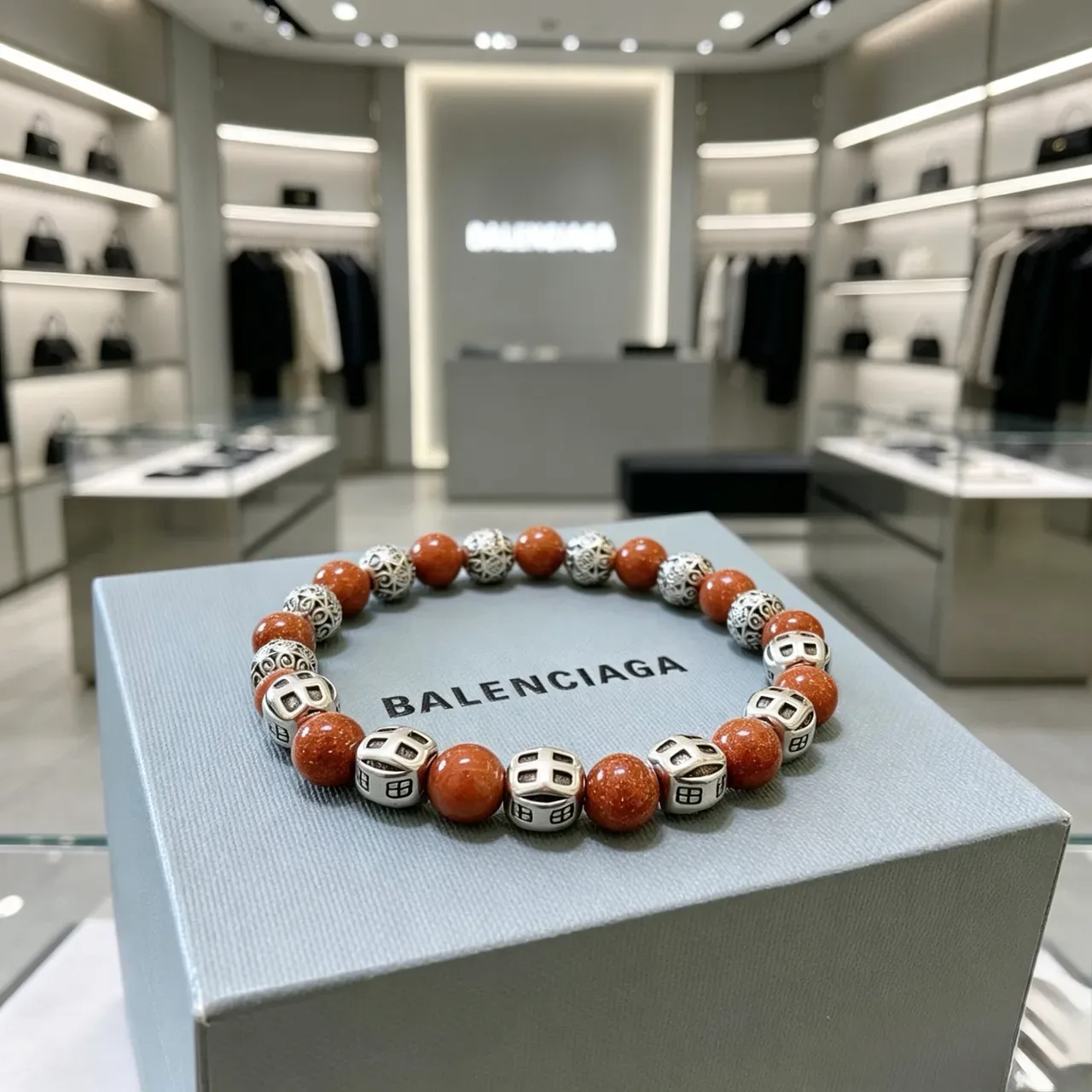 Balenciaga Pulseira Marrom Prateada com Contas e Acentos Metálicos 2