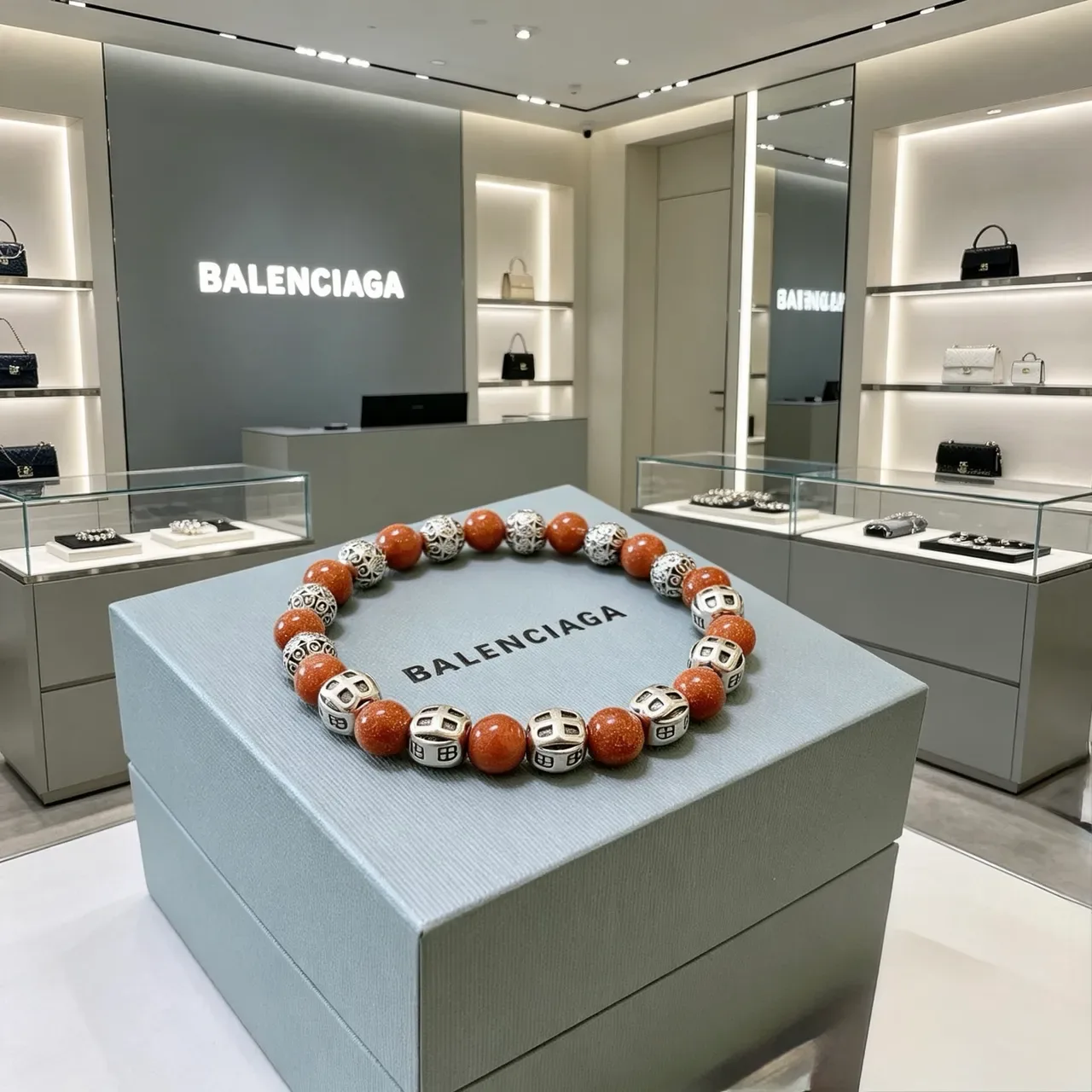 Balenciaga Pulseira Marrom Prateada com Contas e Acentos Metálicos 4