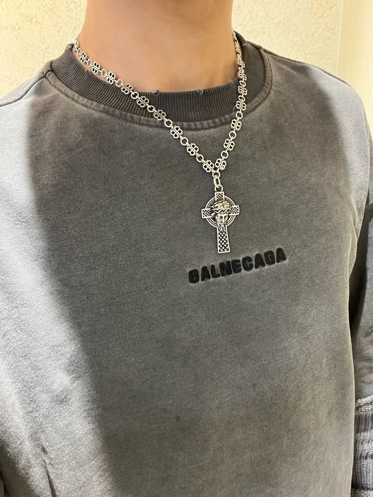 بالنساغا Celtic Cross فضي أسود معدني Clover-Link Chain قلادة 2