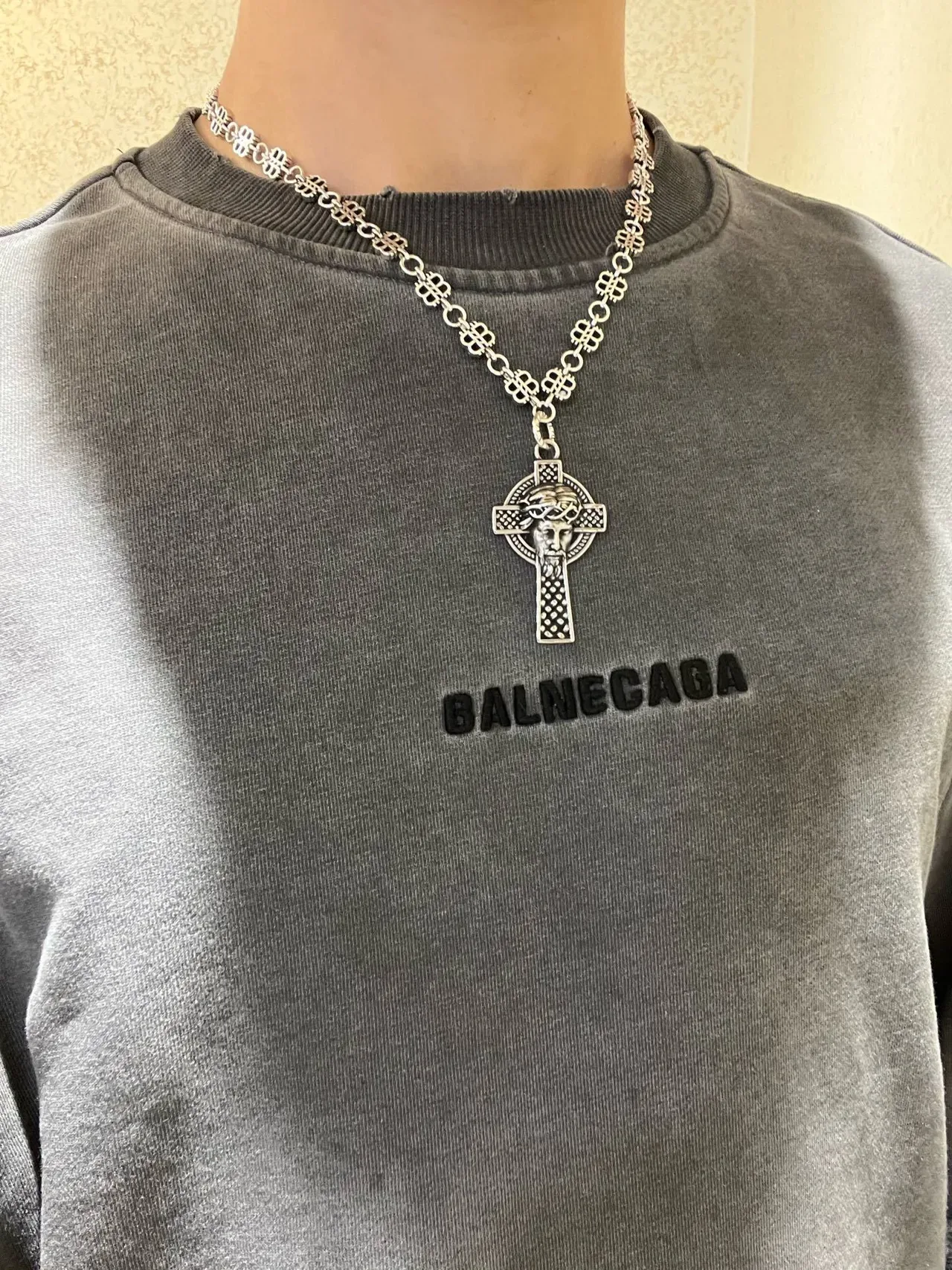 بالنساغا Celtic Cross فضي أسود معدني Clover-Link Chain قلادة 3