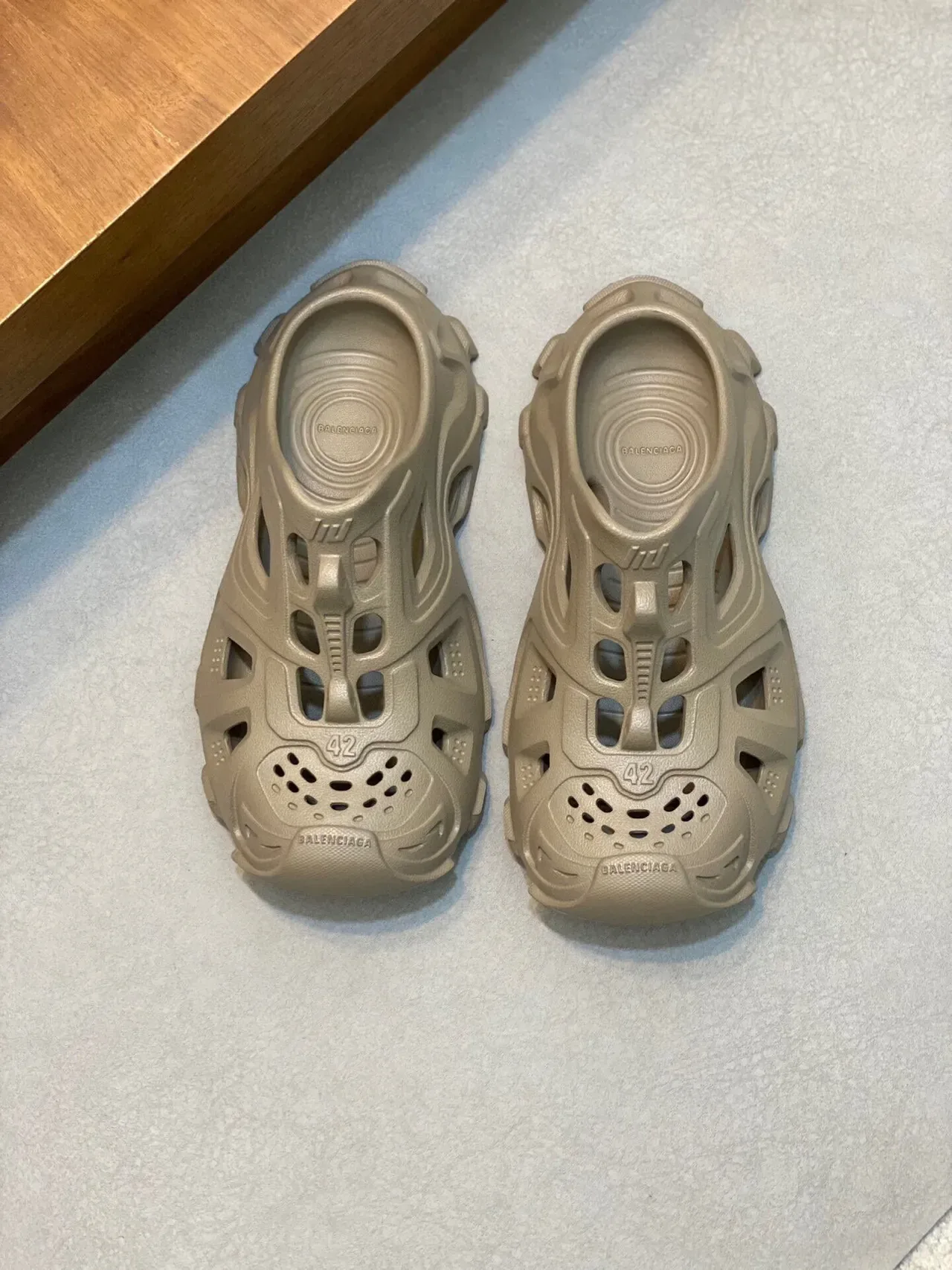 Balenciaga Defender Beige Molded Monolithic Construction Geometric Cutout Ventilation Clog 2