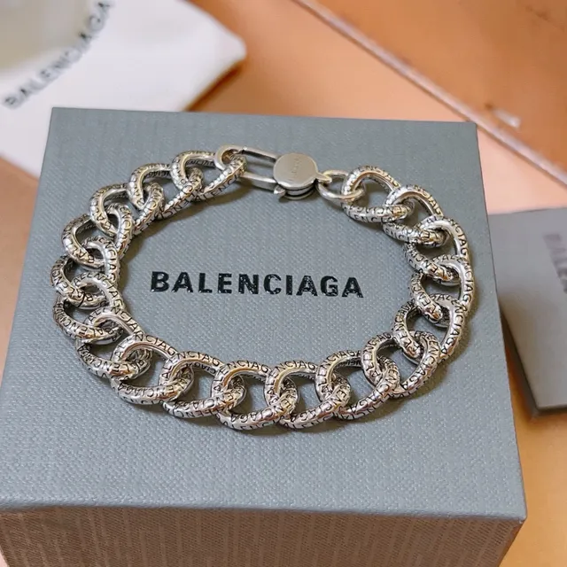Balenciaga Logo Chain Engraved Silver Bracelet 2