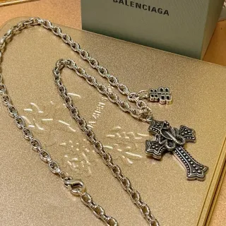 Balenciaga Oxidized Silver Cross Pendant Chain Necklace