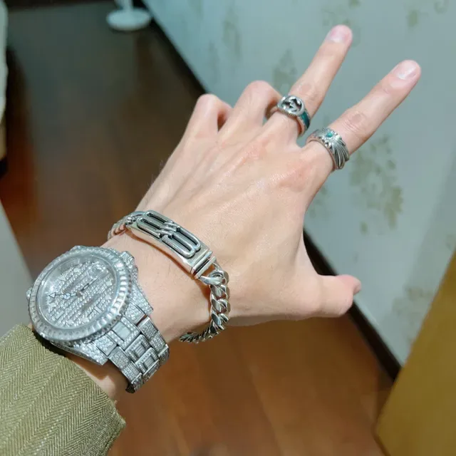 Balenciaga Plata Azul Cadena Curb-Link Gruesa Hebilla B-Buckle rectangular Brazalete 5