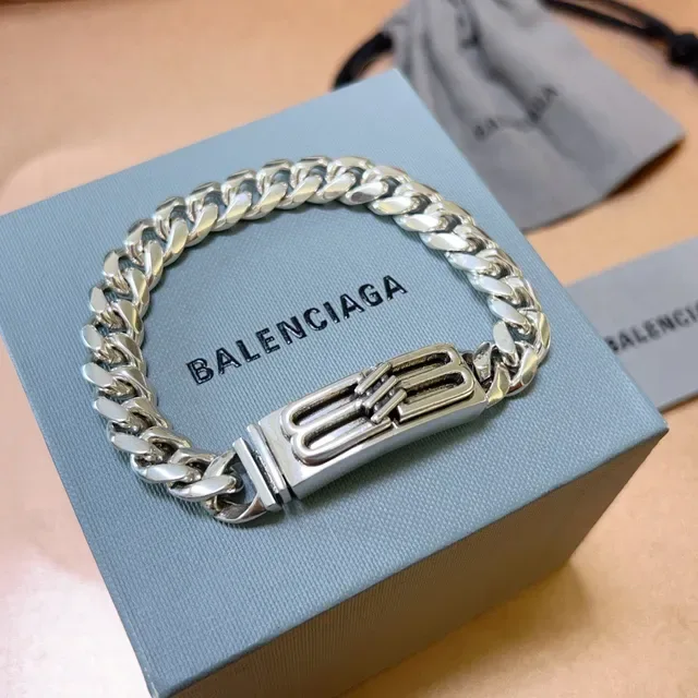 Balenciaga Plata Azul Cadena Curb-Link Gruesa Hebilla B-Buckle rectangular Brazalete 7