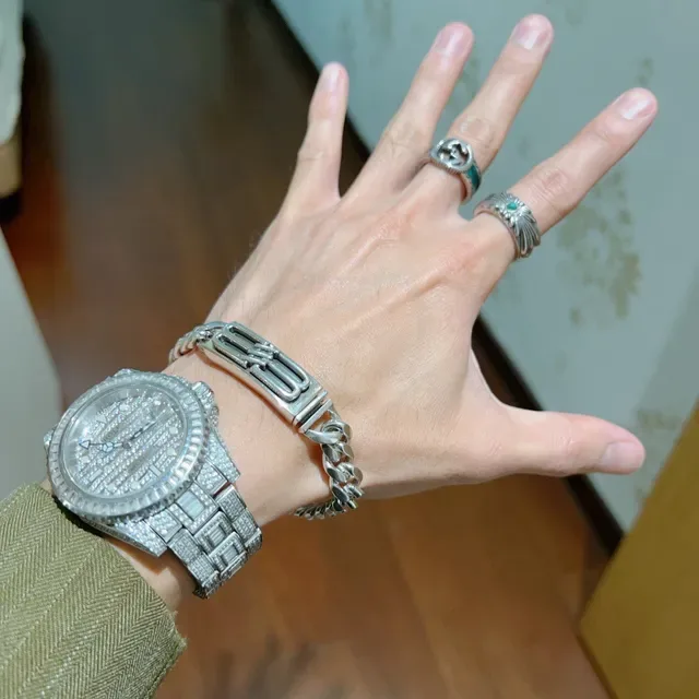 Balenciaga Plata Azul Cadena Curb-Link Gruesa Hebilla B-Buckle rectangular Brazalete 8