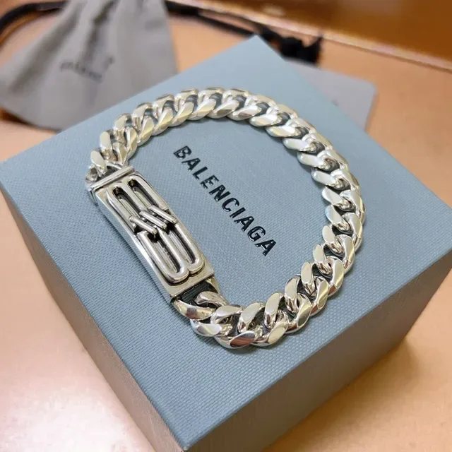 Balenciaga Plata Azul Cadena Curb-Link Gruesa Hebilla B-Buckle rectangular Brazalete 9