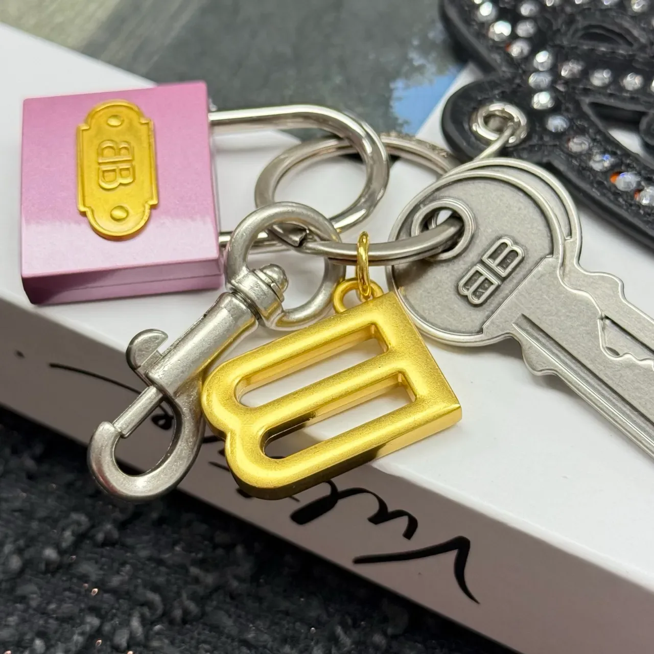 Balenciaga Silver Pink Crystal-Embellished Logo-Charm Jewelry 3