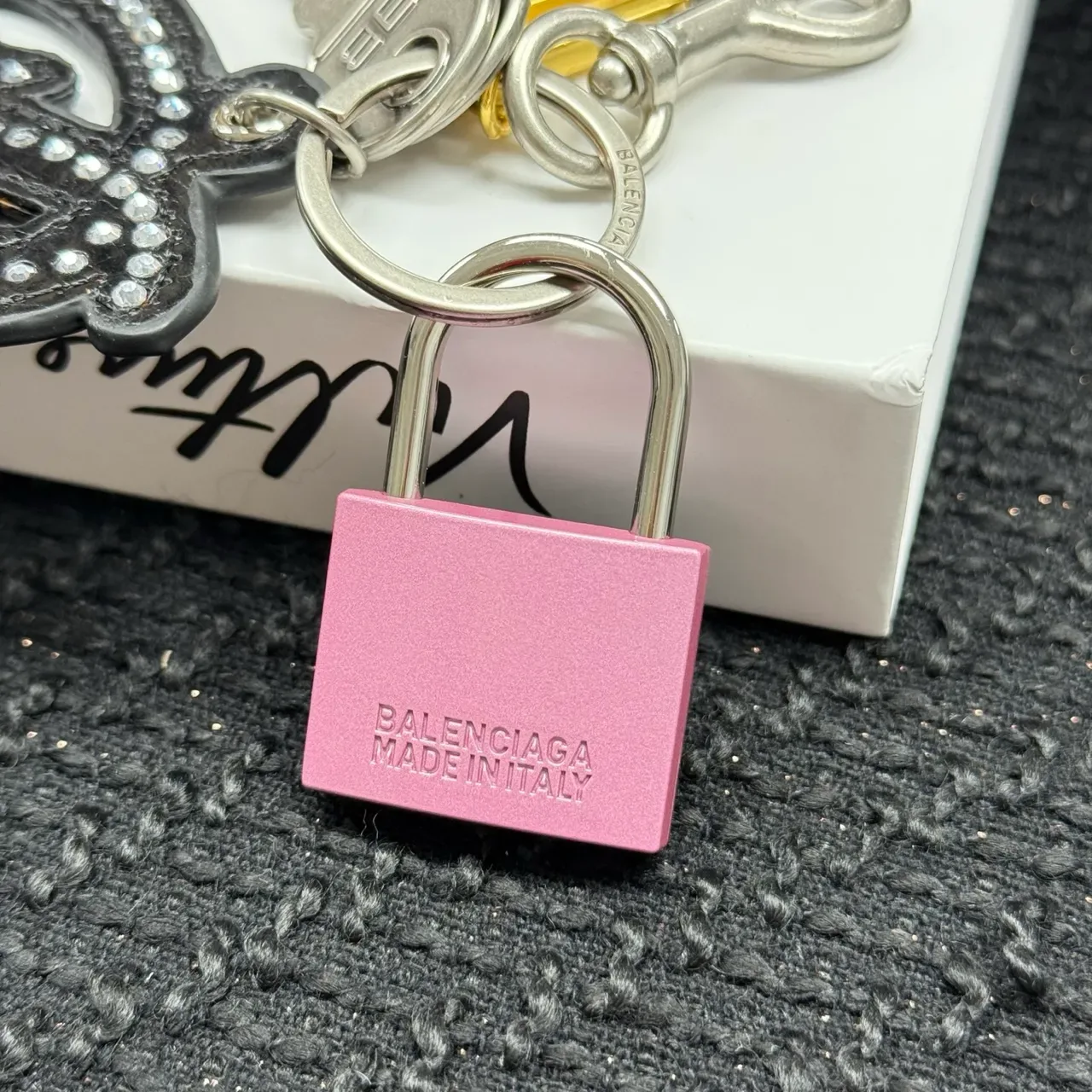 Balenciaga Silver Pink Crystal-Embellished Logo-Charm Jewelry 4