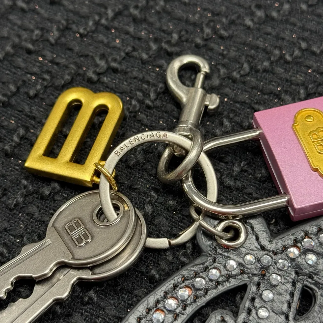 Balenciaga Silver Pink Crystal-Embellished Logo-Charm Jewelry 5
