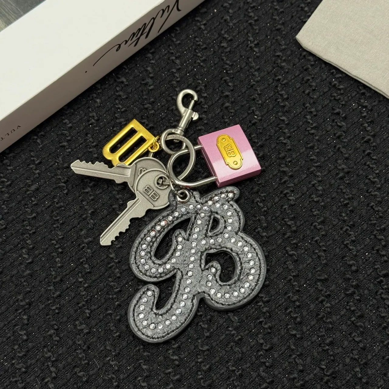 Balenciaga Silver Pink Crystal-Embellished Logo-Charm Jewelry 6
