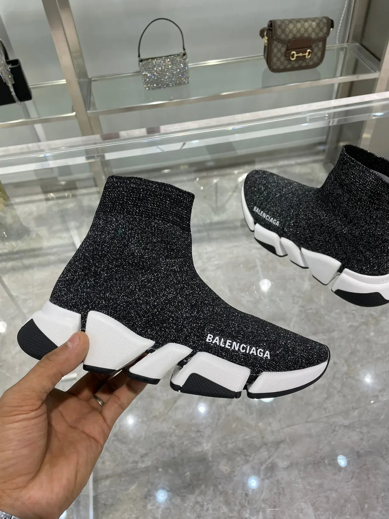 Balenciaga Speed Trainer Black Glitter Knit Lifestyle Sneakers 4