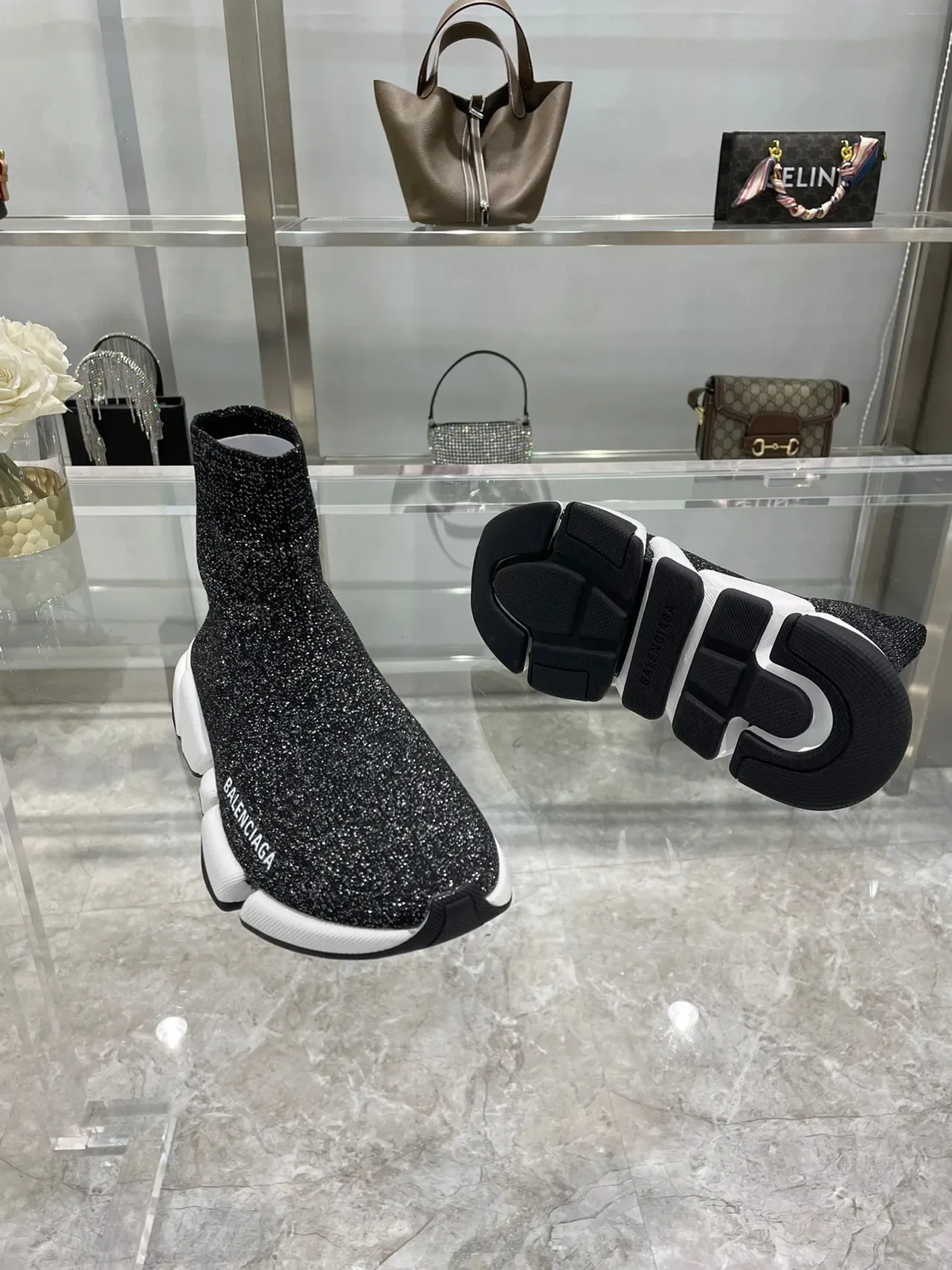 Balenciaga Speed Trainer Black Glitter Knit Lifestyle Sneakers 5