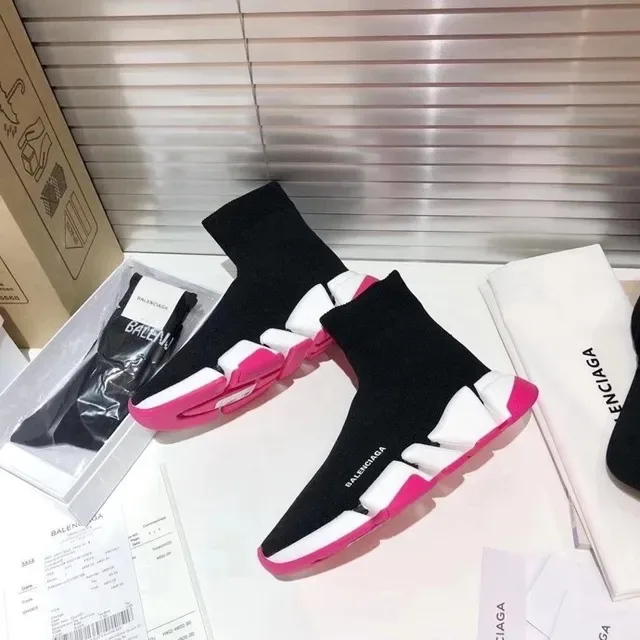 Balenciaga Speed Trainer أسود أبيض وردي حذاء لايف ستايل 9