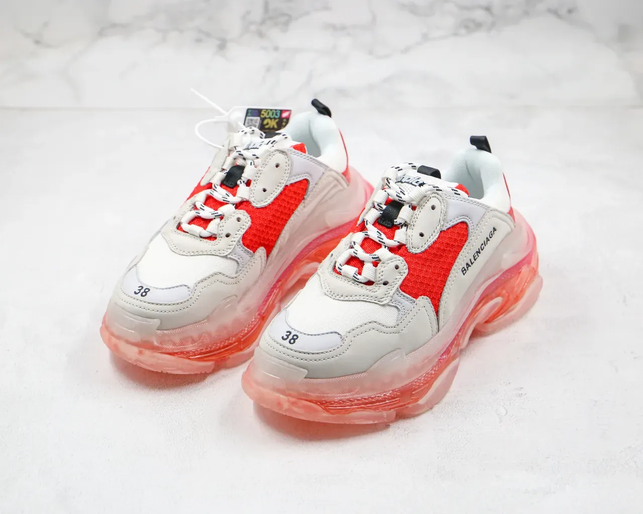Balenciaga Triple S أبيض وأحمر قاعدة شفافة كروسبي سنيكرز 7