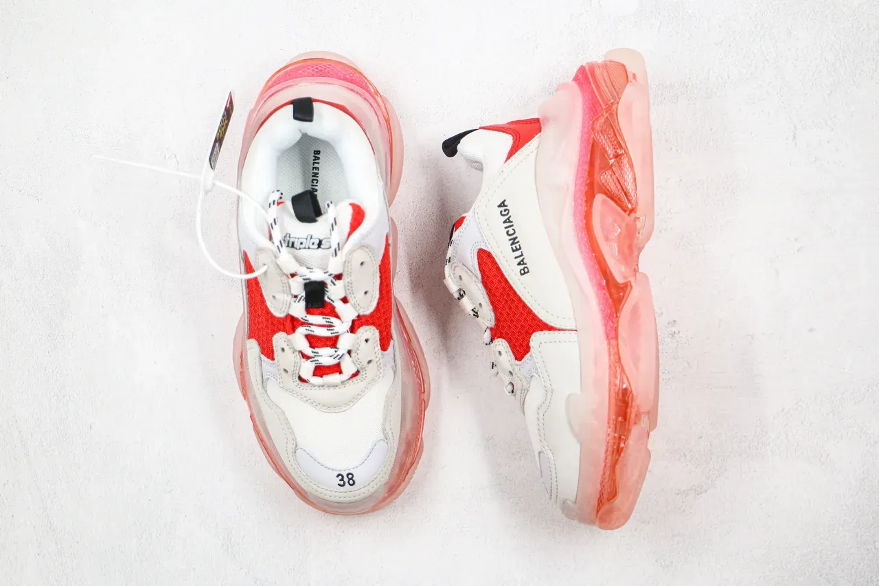 Balenciaga Triple S أبيض وأحمر قاعدة شفافة كروسبي سنيكرز 10