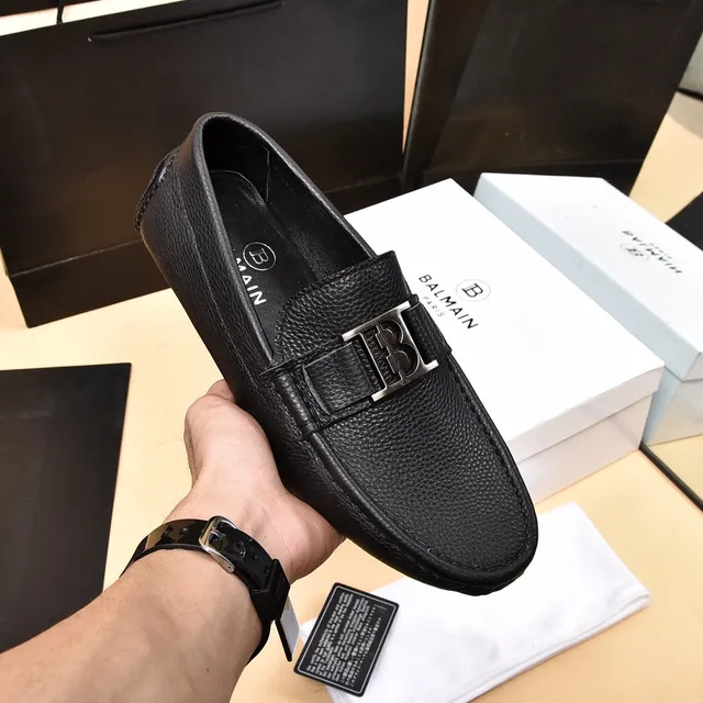 Balmain B-Court Mocassins de couro preto granulado 6