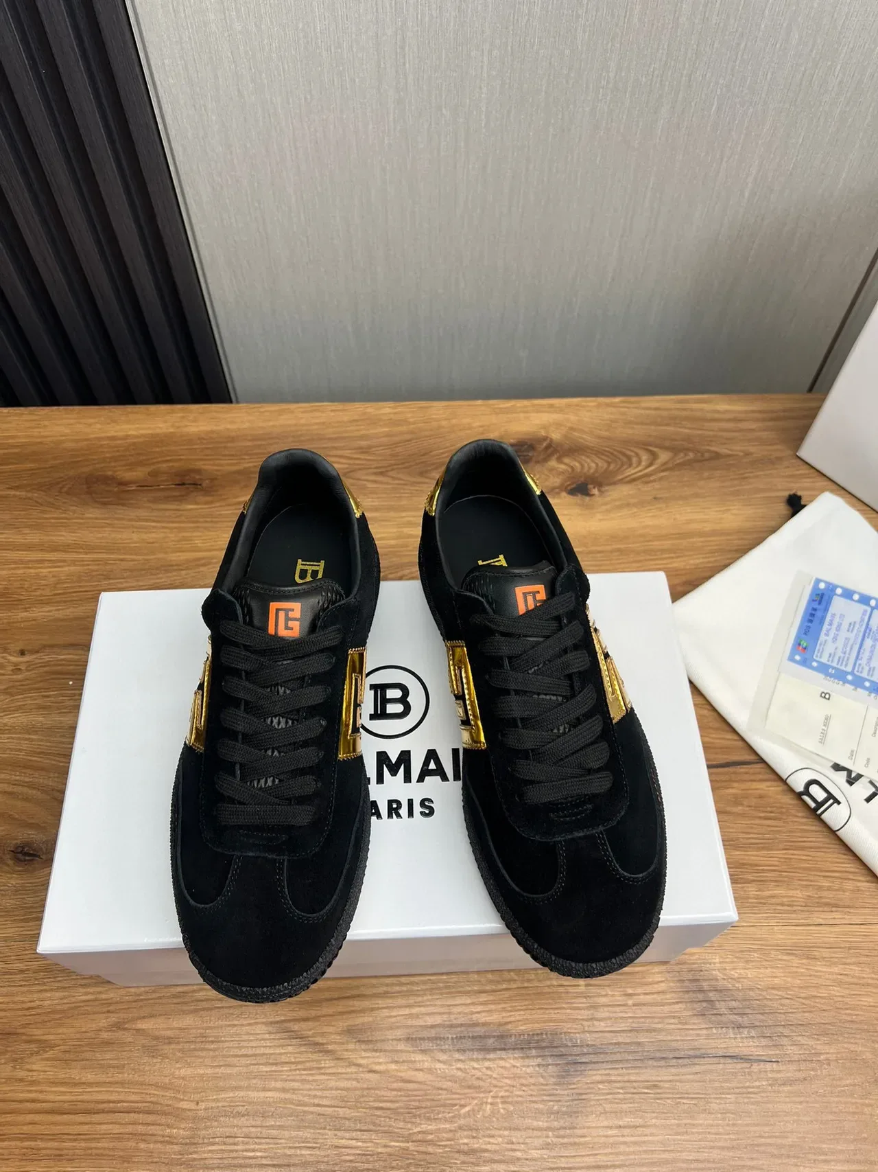 Balmain Black Gold Suede Upper Monogram Logo Lifestyle Sneakers 2
