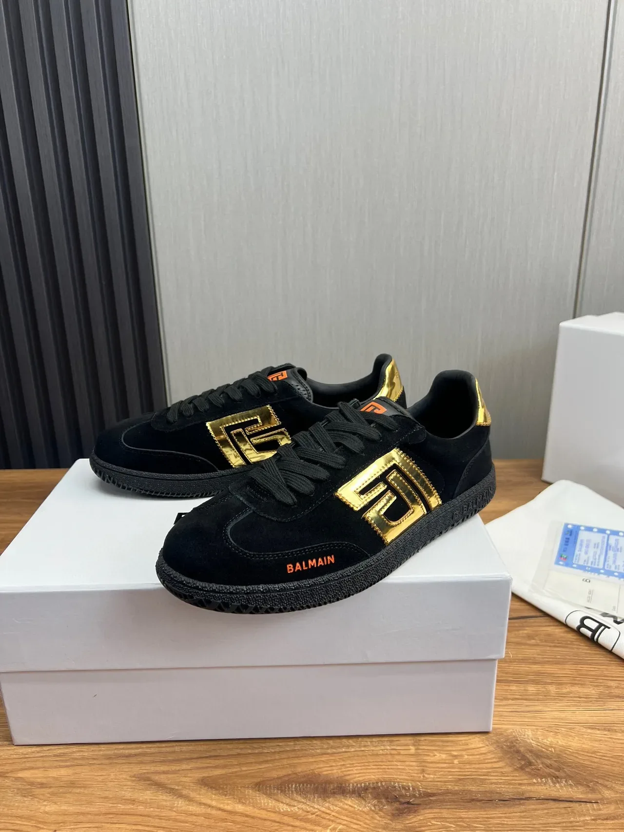 Balmain Black Gold Suede Upper Monogram Logo Lifestyle Sneakers 3