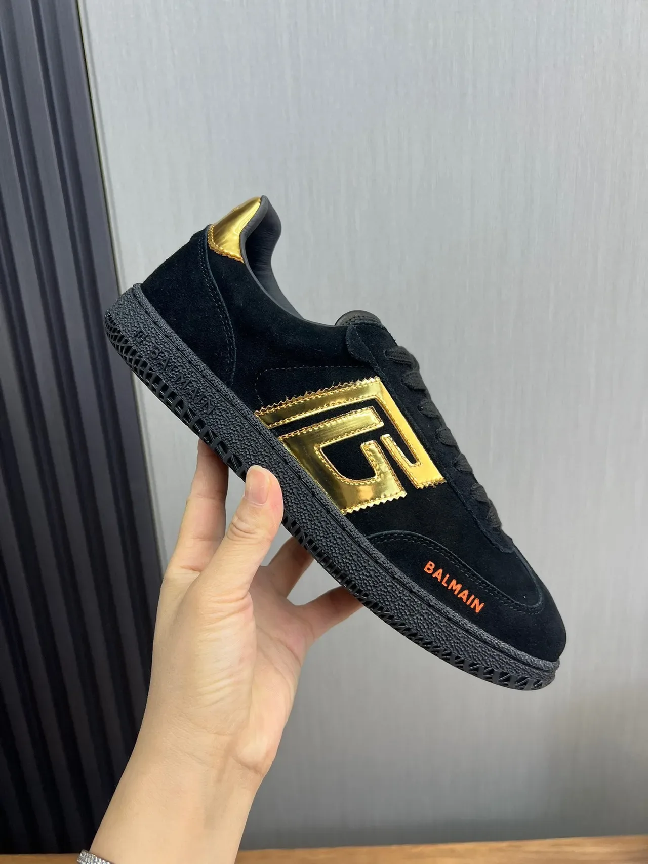 Balmain Black Gold Suede Upper Monogram Logo Lifestyle Sneakers 6