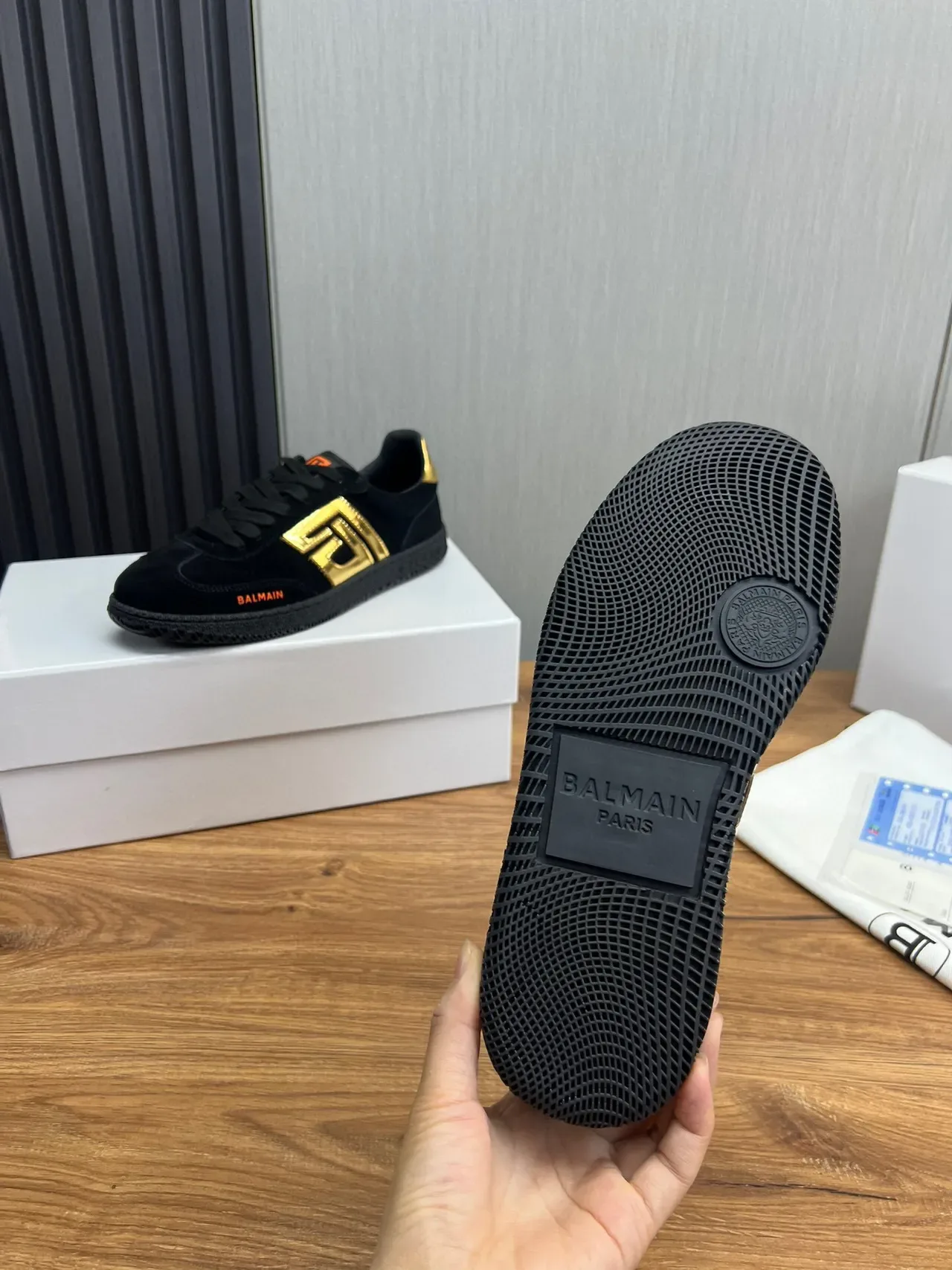 Balmain Black Gold Suede Upper Monogram Logo Lifestyle Sneakers 8