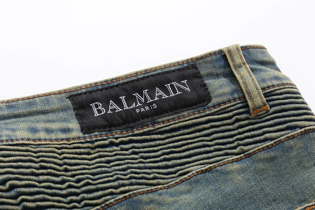 Balmain Blue Beige Distressed Medium-Wash Denim Zippered Front Pockets Shorts 3
