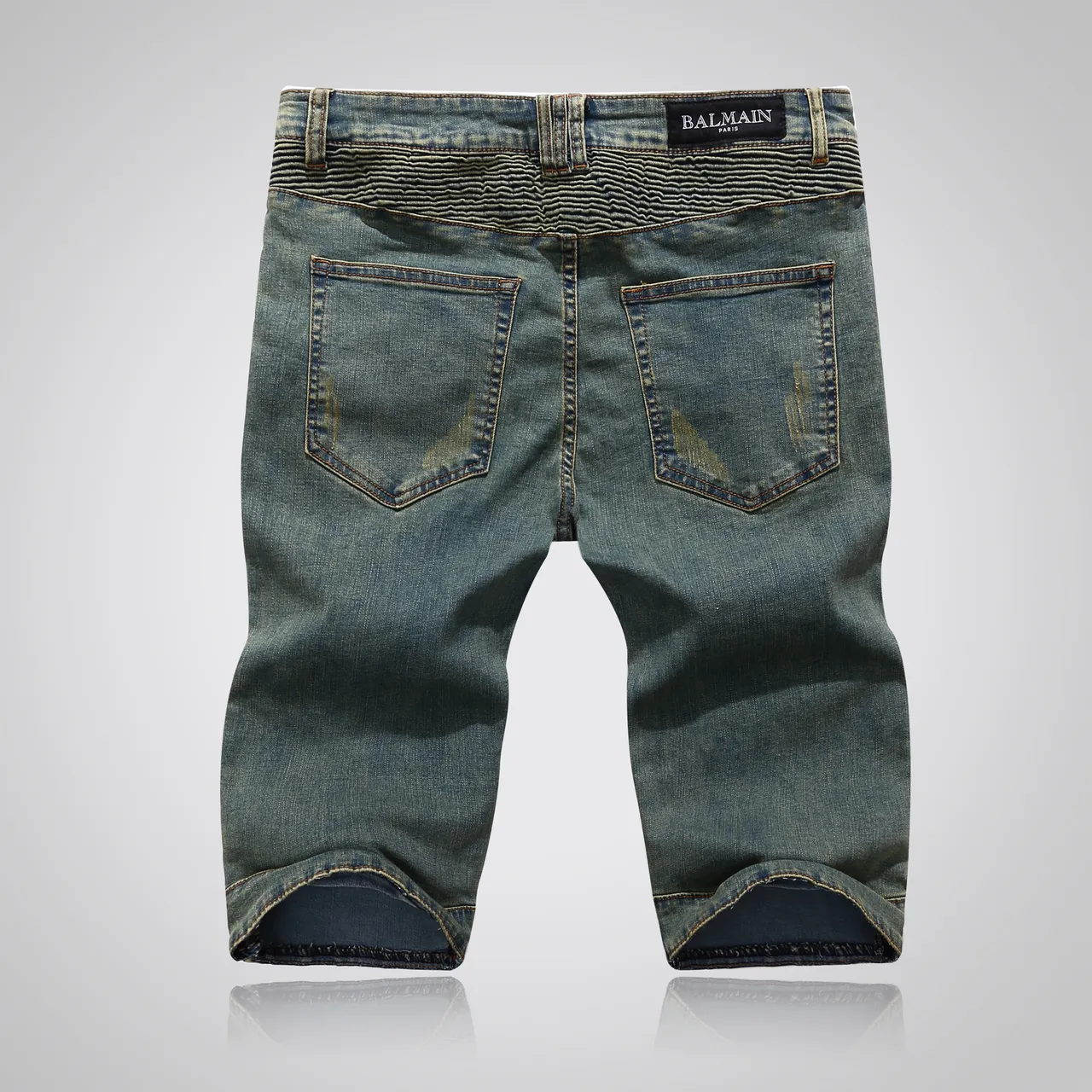Balmain Blue Beige Distressed Medium-Wash Denim Zippered Front Pockets Shorts 16