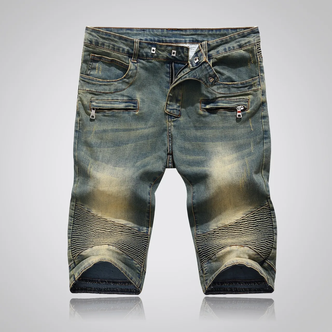 Balmain Blue Beige Distressed Medium-Wash Denim Zippered Front Pockets Shorts 17