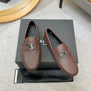 Balmain Brown Black Pebbled Leather Metal Monogram Buckle Loafer