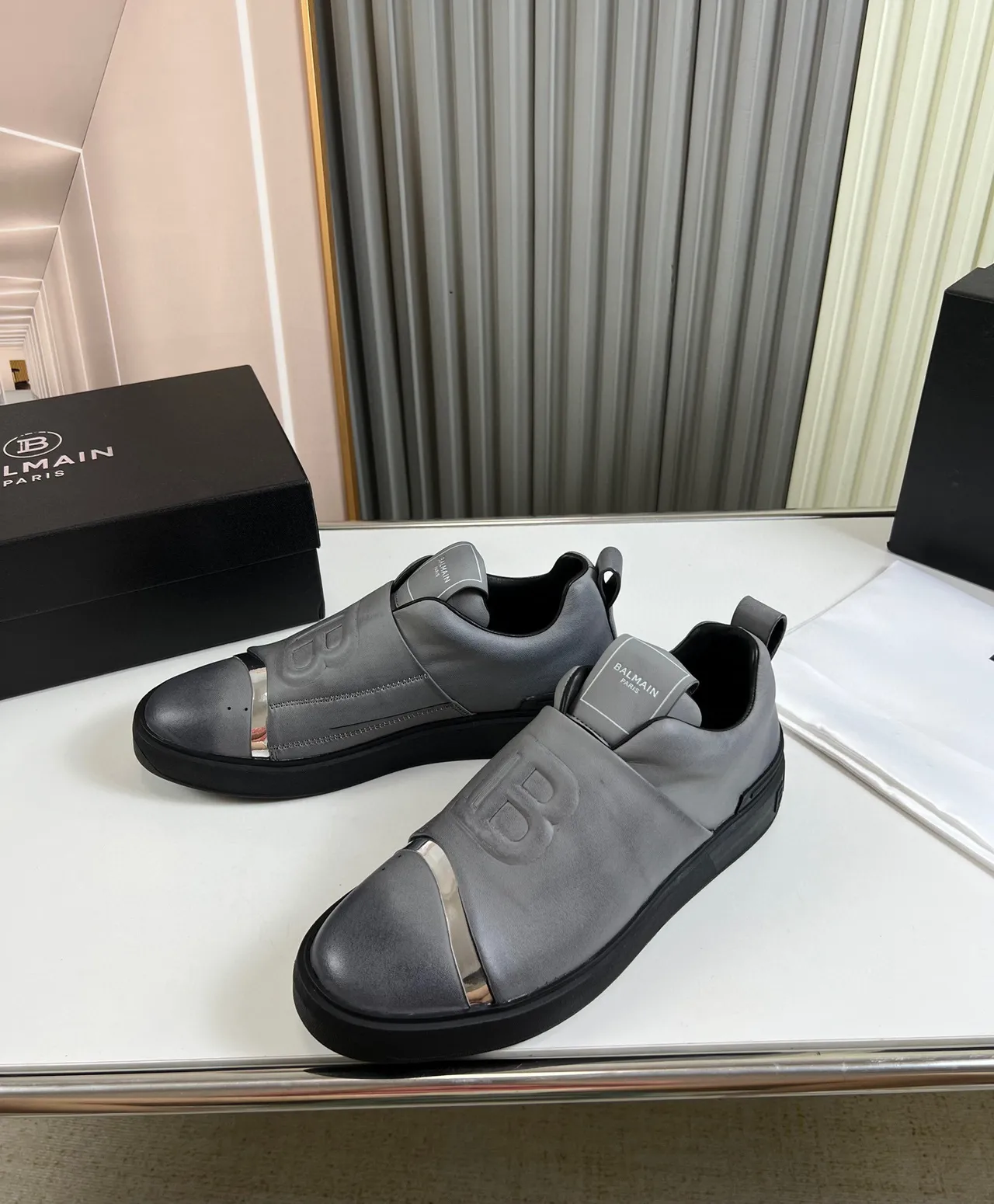 Balmain Gray Silver Slip-On Elastic Strap Lifestyle Sneakers 8