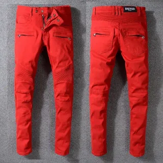 Balmain Moto-Style Red Zippered Pocket Pants