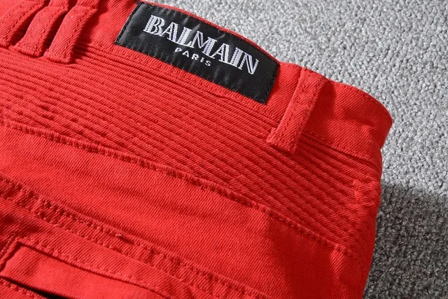 Balmain Moto-Style بنطال أحمر مع سحاب وجيب 4