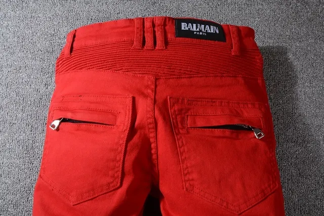 Balmain Moto-Style بنطال أحمر مع سحاب وجيب 6