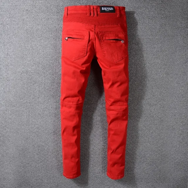 Balmain Moto-Style بنطال أحمر مع سحاب وجيب 7