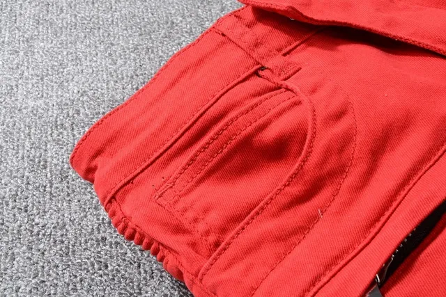 Balmain Moto-Style بنطال أحمر مع سحاب وجيب 9