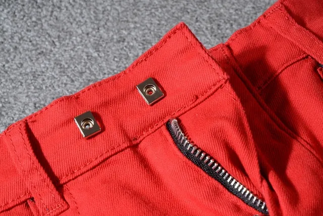 Balmain Moto-Style بنطال أحمر مع سحاب وجيب 12