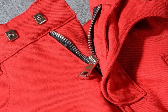 Balmain Moto-Style بنطال أحمر مع سحاب وجيب 13