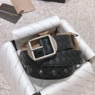 Bottega Veneta Black Silver Intrecciato Woven Square Buckle Leather Belt