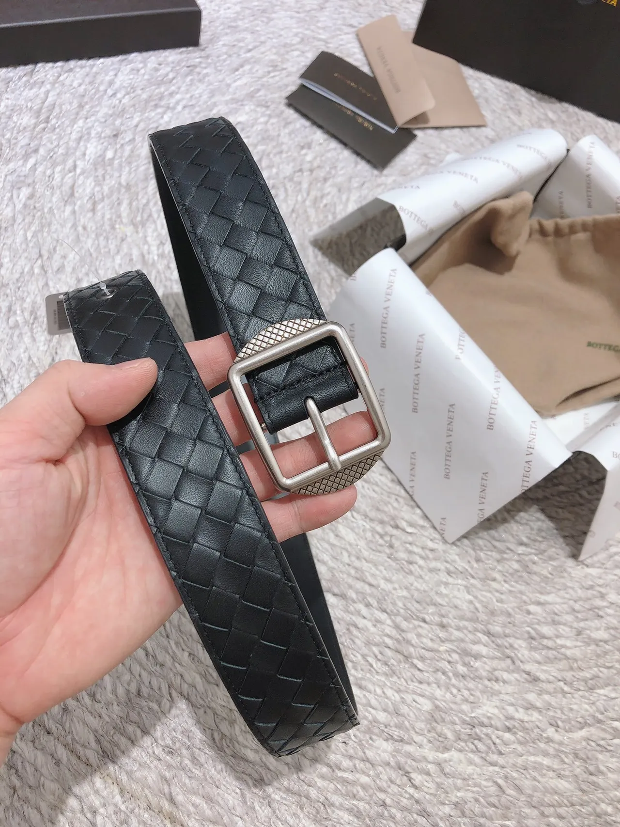 Bottega Veneta أسود فضي Intrecciato نسج مربع إبزيم حزام جلدي 2