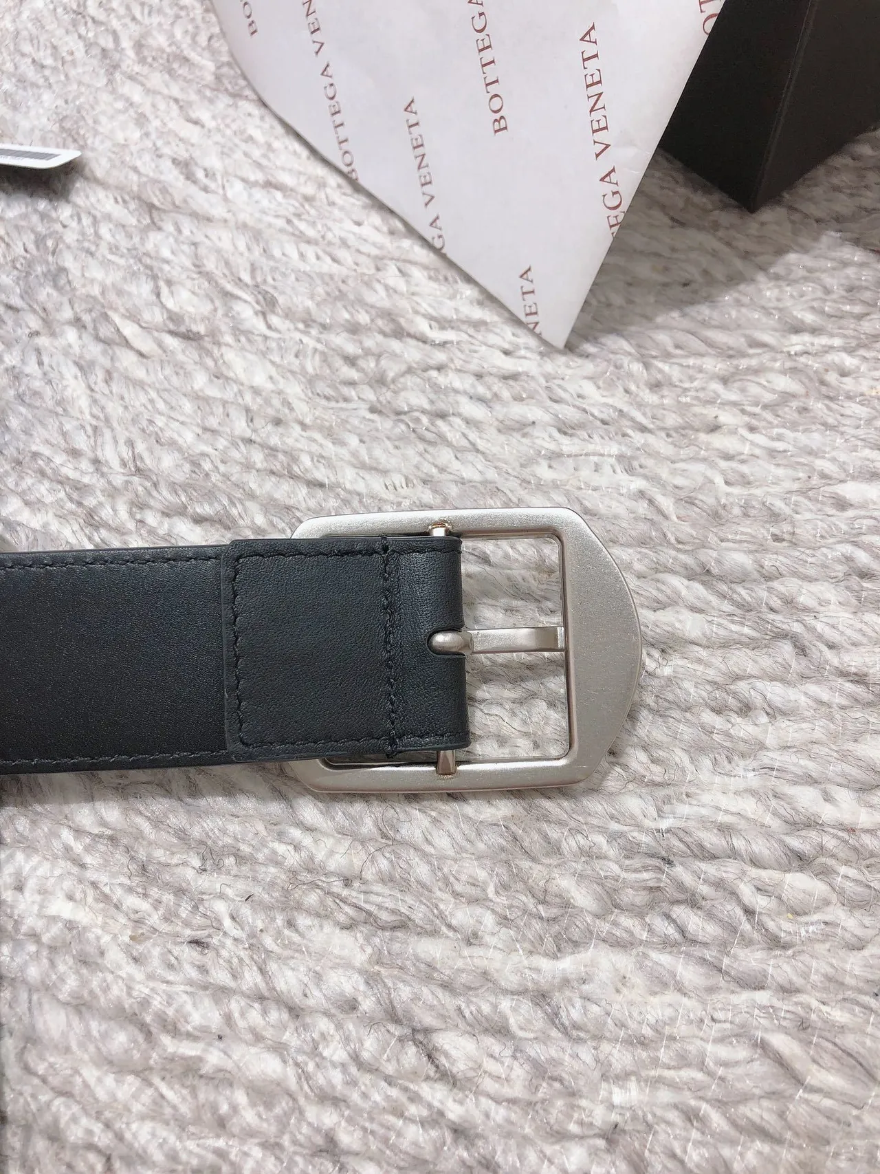 Bottega Veneta أسود فضي Intrecciato نسج مربع إبزيم حزام جلدي 3