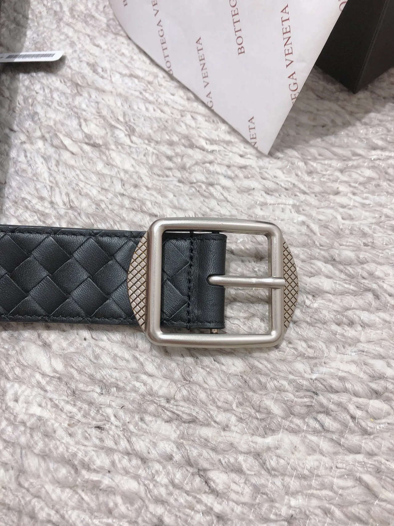 Bottega Veneta أسود فضي Intrecciato نسج مربع إبزيم حزام جلدي 4