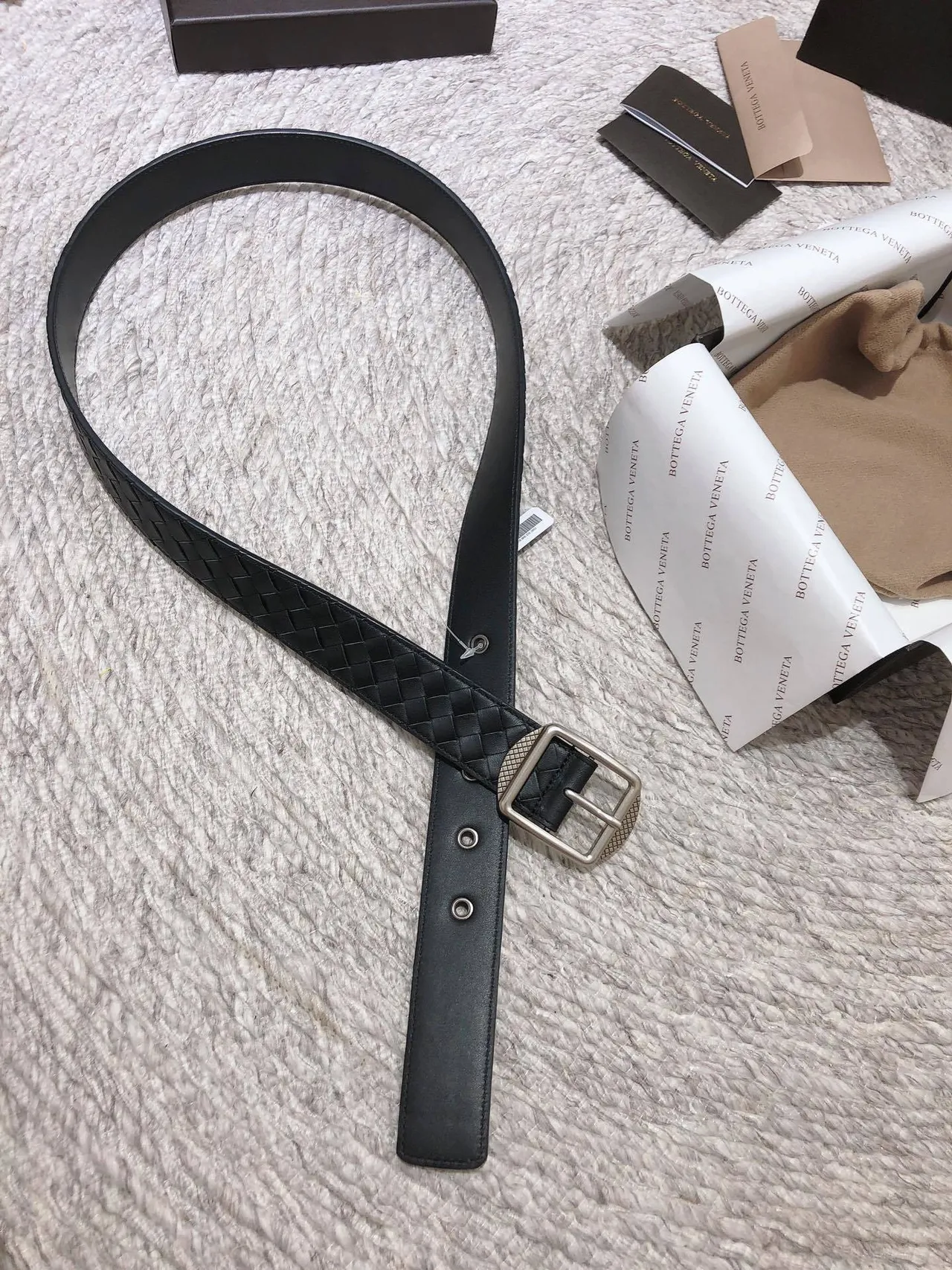 Bottega Veneta أسود فضي Intrecciato نسج مربع إبزيم حزام جلدي 5