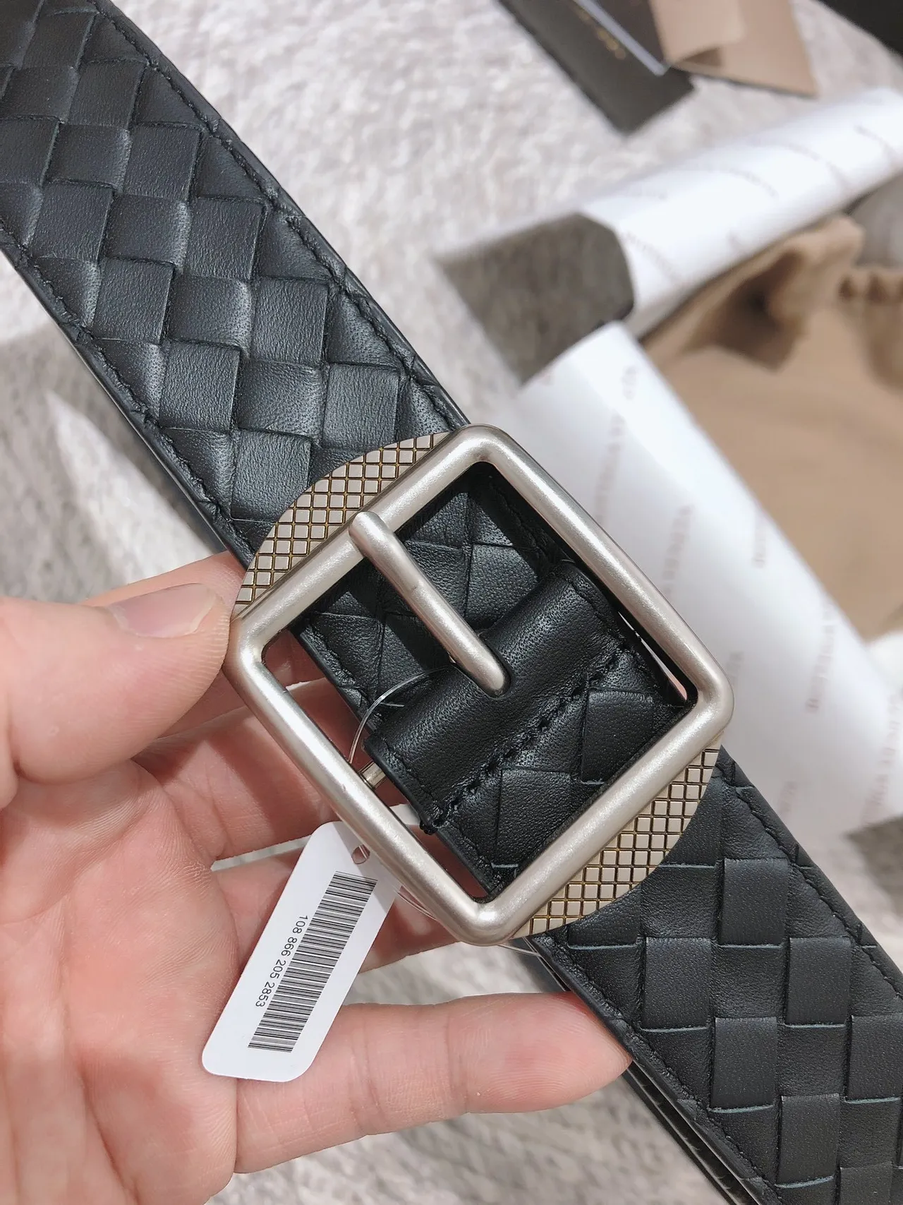 Bottega Veneta أسود فضي Intrecciato نسج مربع إبزيم حزام جلدي 7