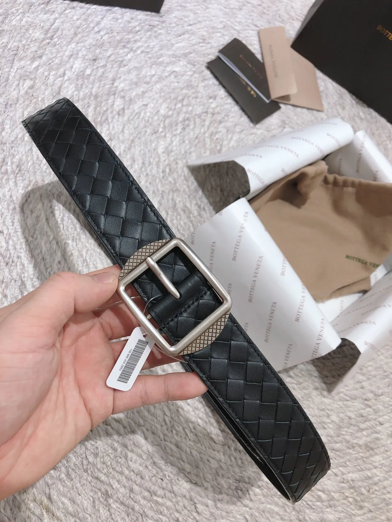 Bottega Veneta أسود فضي Intrecciato نسج مربع إبزيم حزام جلدي 8