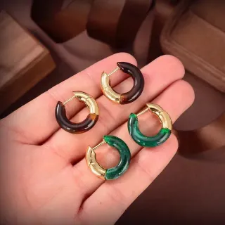 Bottega Veneta C-Shaped Hoop Brown Green Resin Inlay Earrings