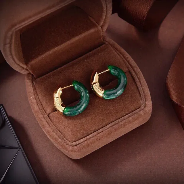 Bottega Veneta C-Shaped Hoop Brown Green Resin Inlay Earrings 2