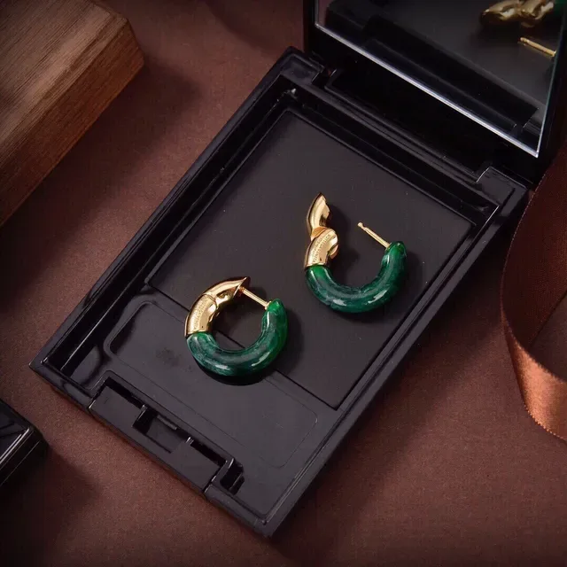 Bottega Veneta C-Shaped Hoop Brown Green Resin Inlay Earrings 4
