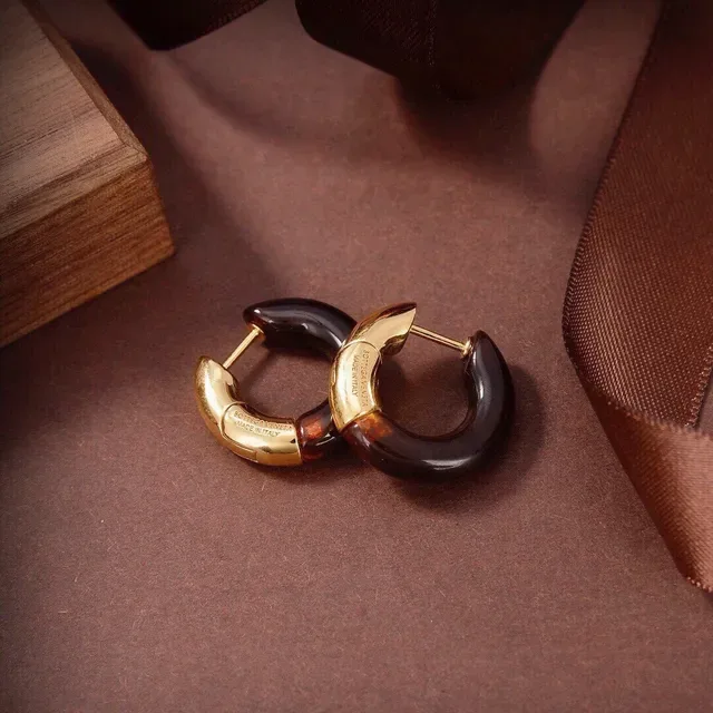 Bottega Veneta C-Shaped Hoop Brown Green Resin Inlay Earrings 7